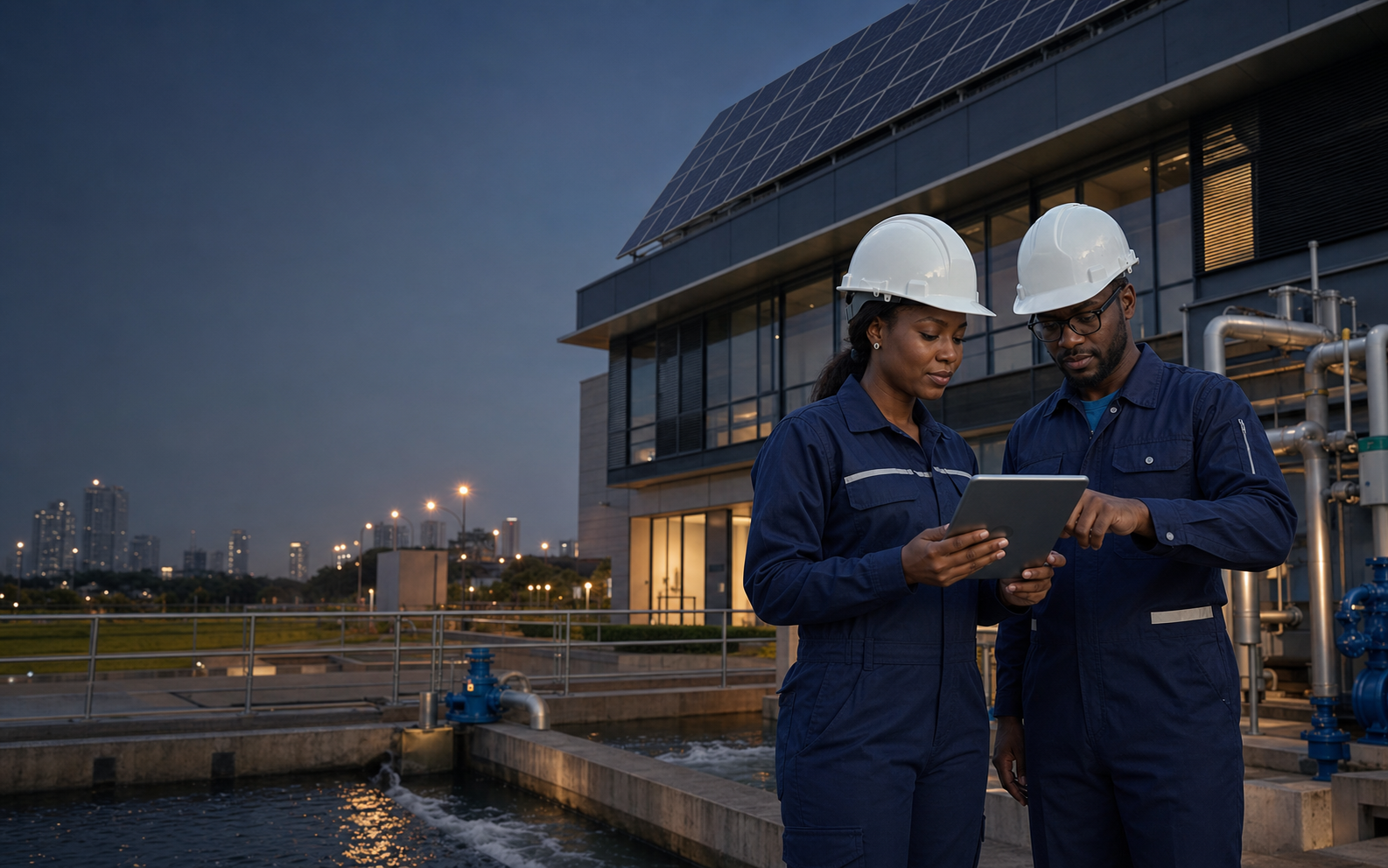 Two Kelland engineering professionals reviewing facility systems at a modern property
