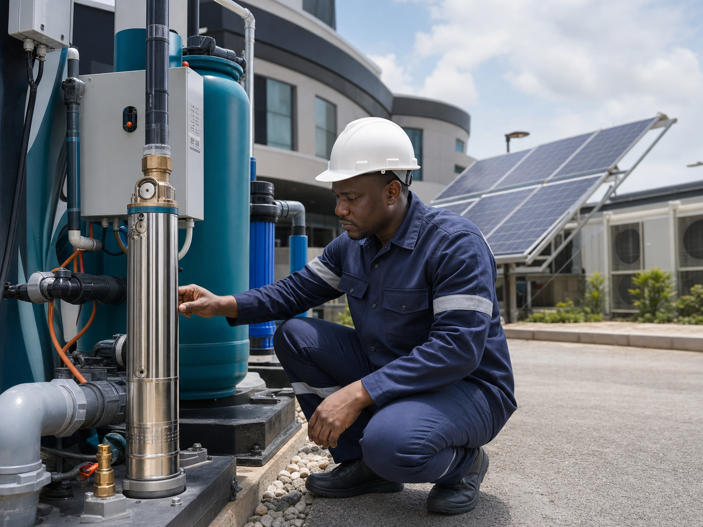 Engineer inspecting integrated water and solar utility systems