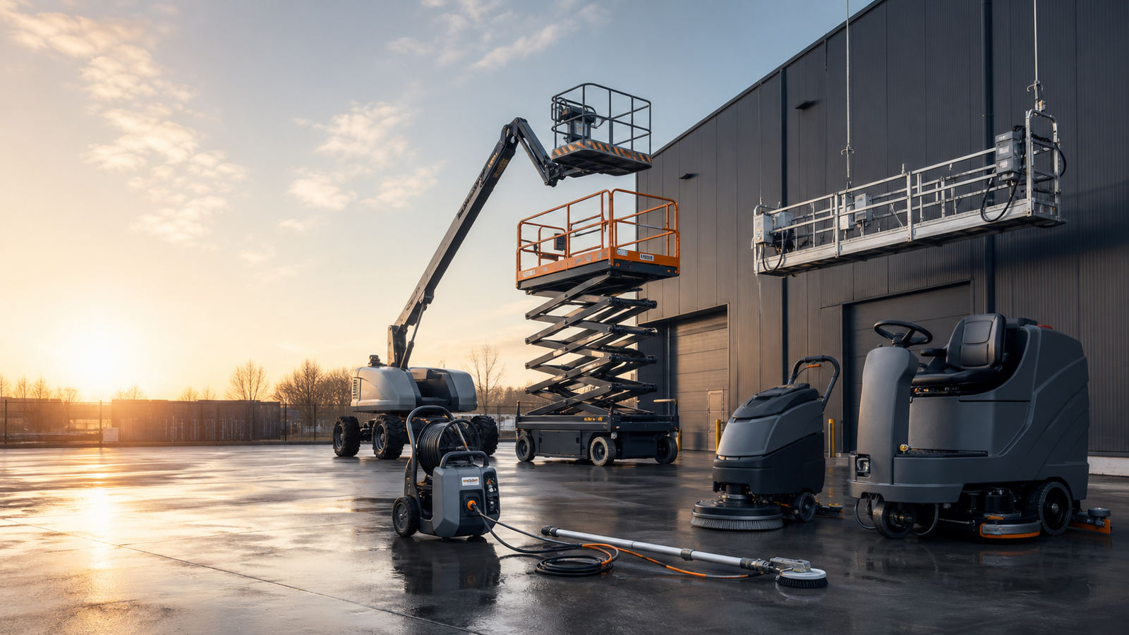 Specialist access and industrial cleaning equipment arranged in a hire yard